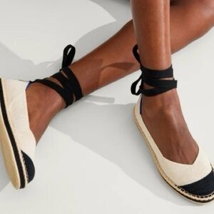 Rothy's Two-Tone Espadrille Ballet Flat with Ankle Tie - Cream & Black